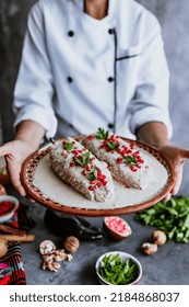 Cooking Mexican Chiles En Nogada Recipe By Woman Chef Hands With Poblano Chili And Ingredients, Traditional Dish In Mexico