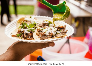 Cooking Mexican Tacos With Beef, Traditional Street Food In Mexico City