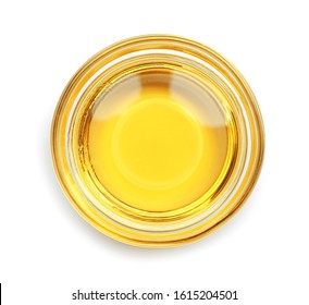 Cooking Oil In Glass Bowl Isolated On White, Top View