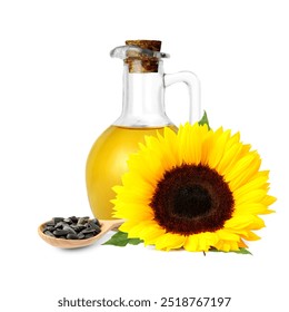Aceite de cocina en jarra de vidrio, semillas de girasol y flor aislados en blanco
