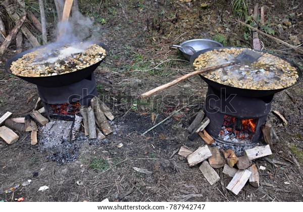 Cooking Outdoor Kitchen Two Metal Barrels Stock Photo Edit Now