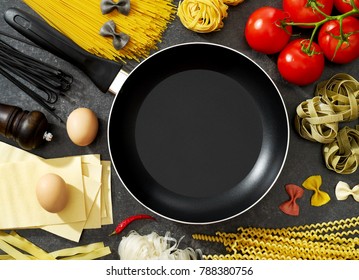 Cooking Pan, Pasta And Ingredients