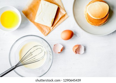 Cooking Pancake On White Background Top View Ingredients For Making