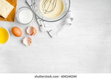 cooking pancake on white background top view ingredients for making - Shutterstock ID 604144244