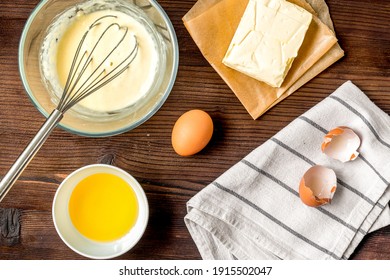 Cooking Pancake On Wooden Background Top View Ingredients For Making