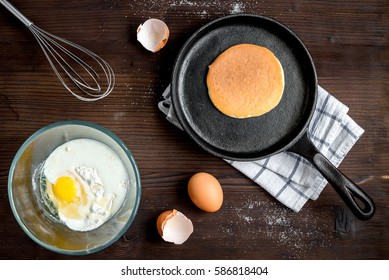 Cooking Pancake On Wooden Background Top View Ingredients For Making