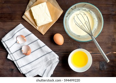 Cooking Pancake On Wooden Background Top View Ingredients For Making