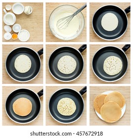 Cooking Pancakes Tutorial. Collage Of Steps Preparation Traditional Pancake In A Frying Pan. Recipe Step By Step Top View