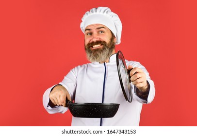 Cooking With Passion. Bearded Man Hold Cooking Pan. 