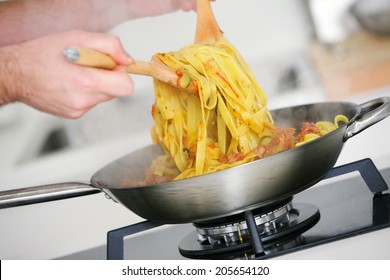 Cooking Pasta With Vegetables In Pan