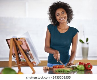 Cooking, portrait and happy woman chopping vegetables with recipe book in kitchen for healthy diet, nutrition or lunch. Cutting board, food and face of African person preparing organic meal in home - Powered by Shutterstock