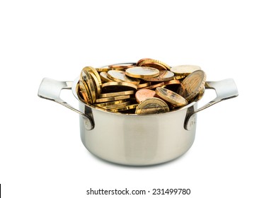 A Cooking Pot Is Filled With Euro Coins, Symbolic Photo For Government Grants And Subsidies