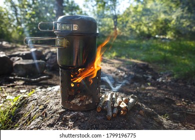 cooking in a pot on a camping stove on a camping trip