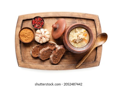 Cooking Pot With Tasty Beef Barley Soup On White Background