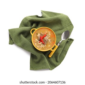 Cooking Pot With Tasty Beef Barley Soup On White Background