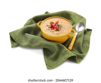 Cooking Pot With Tasty Beef Barley Soup On White Background