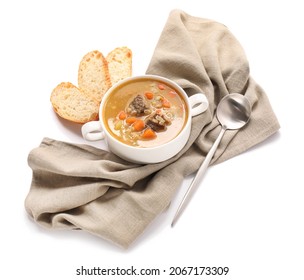 Cooking Pot With Tasty Beef Barley Soup On White Background