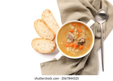 Cooking Pot With Tasty Beef Barley Soup On White Background