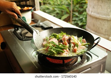 Cooking Preparing , Stew Pork With Spices And Herbs In Home Kitchen