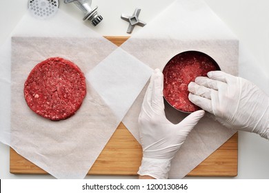 Cooking A Prime Black Angus Beef Burger Patties. Top View.