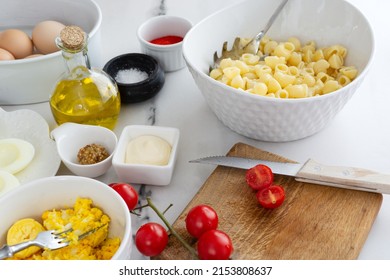 The Cooking Process Deviled Egg Pasta Salad. Selective Focus, Blurred Background. Italian Food. Breakfast