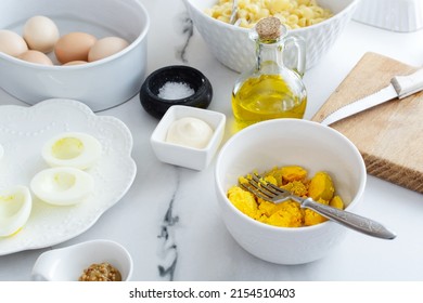 The Cooking Process Deviled Egg Pasta Salad. Step 1. Selective Focus, Blurred Background. Italian Food. Breakfast