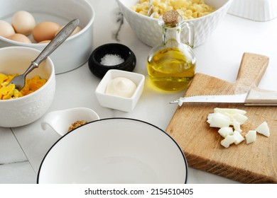 The Cooking Process Deviled Egg Pasta Salad. Step 2. Selective Focus, Blurred Background. Italian Food. Breakfast