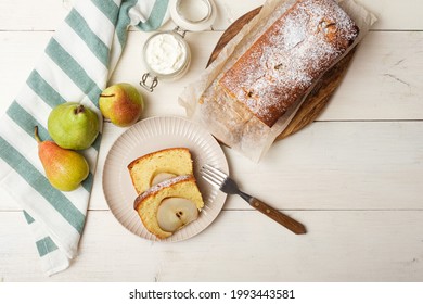 Cooking Process Step-by-step Pear Cake. Pear Pie With Pieces On Plate. Step 6. Home Cooking Concept