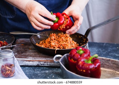 Cooking Process Stuffing Red Peppers In Casserole