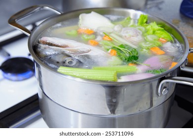 Cooking Salmon Fish Broth With A Vegetables