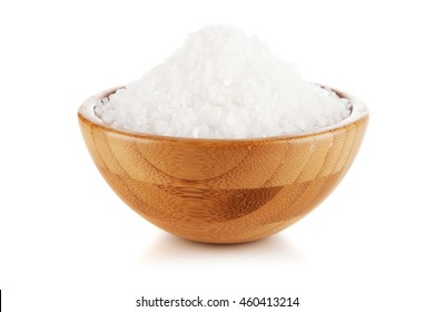 Cooking Salt In A Bamboo Bowl, Isolated On White Background