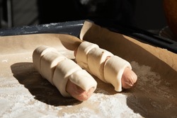 Cooking Sausages In Dough, Home Baking, The Process Of Cooking According To The Recipe Before Baking.