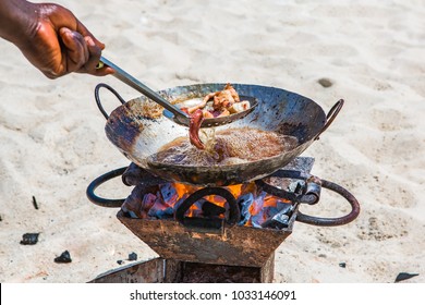 Cooking Sea Food On Beach. Zanzibar, Tanzania.