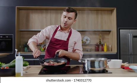 Cooking Show Hosts Celebrity Chef Shows How To Cook Meat. Morning TV Cooking Programme