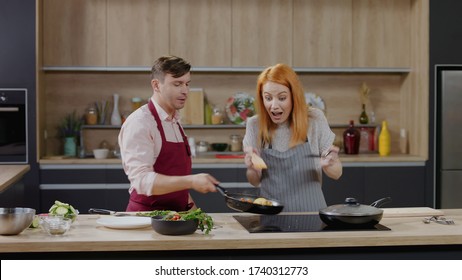 Cooking Show Hosts Chefs, Male And Female, Cooking Meat. Morning TV Cooking Programme