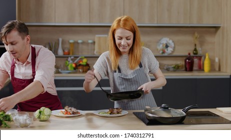 Cooking Show Hosts Chefs, Male And Female, Cooking Meat. Morning TV Cooking Programme