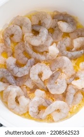 Cooking Shrimp In A Nonstick Frying Pan To Make Shrimp Scampi With Linguine Pasta.