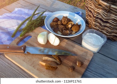 Cooking Of The Spring Morel Mushrooms With Sour Cream And Onion