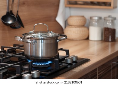 cooking in a stainless steel pot on a gas stove, a pot on a gas burner - Shutterstock ID 2182100631