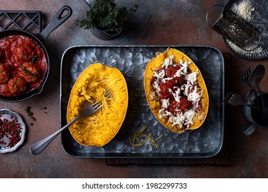 Cooking Stuffed Spaghetti Squash With Meatballs In Tomato Sauce