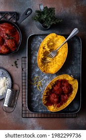 Cooking Stuffed Spaghetti Squash With Meatballs In Tomato Sauce