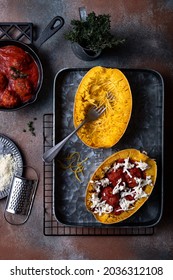 Cooking Stuffed Spaghetti Squash With Meatballs In Tomato Sauce