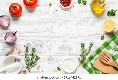 Cooking  table. Background with spices and vegetables. Top view. Free space for your text.