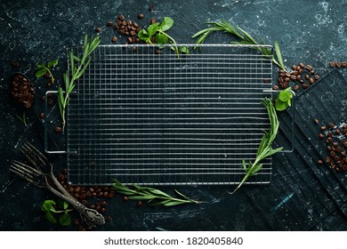 Cooking Table. Black Stone Background. Top View. Rustic Style.