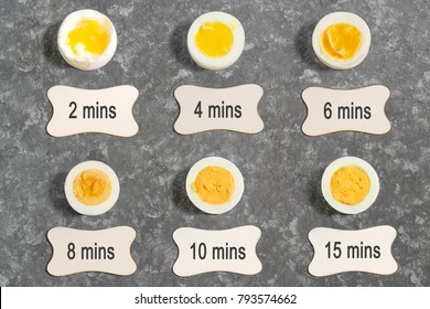Cooking time and degree of readiness of boiled eggs. Boiled eggs in cut and label with time. Flat lay, top view