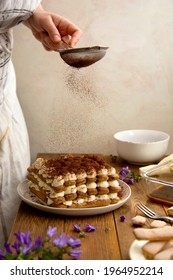 Cooking Tiramisu Coffee Cake With Mascarpone Cake And Finger Sponge Cookies. Step By Step Recipe, Home Cooking.