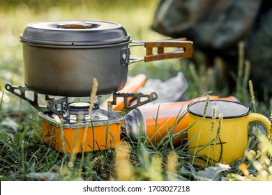 Cooking In A Titanium Cooking Pot On A Portable Camp Stove