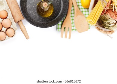 Cooking Utensils And Ingredients. Isolated On White Background