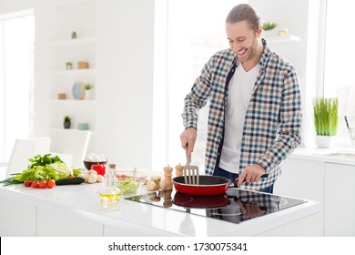 Cooking Veggie Dish Day. Positive Man Guy Prepare Tasty Family Meal Morning Breakfast Frying Food Pan Enjoy Wear Casual Checkered Plaid Shirt In House Indoors Kitchen