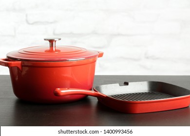 Cookware Set: Red Enameled Cast Iron Pot, Saucepan